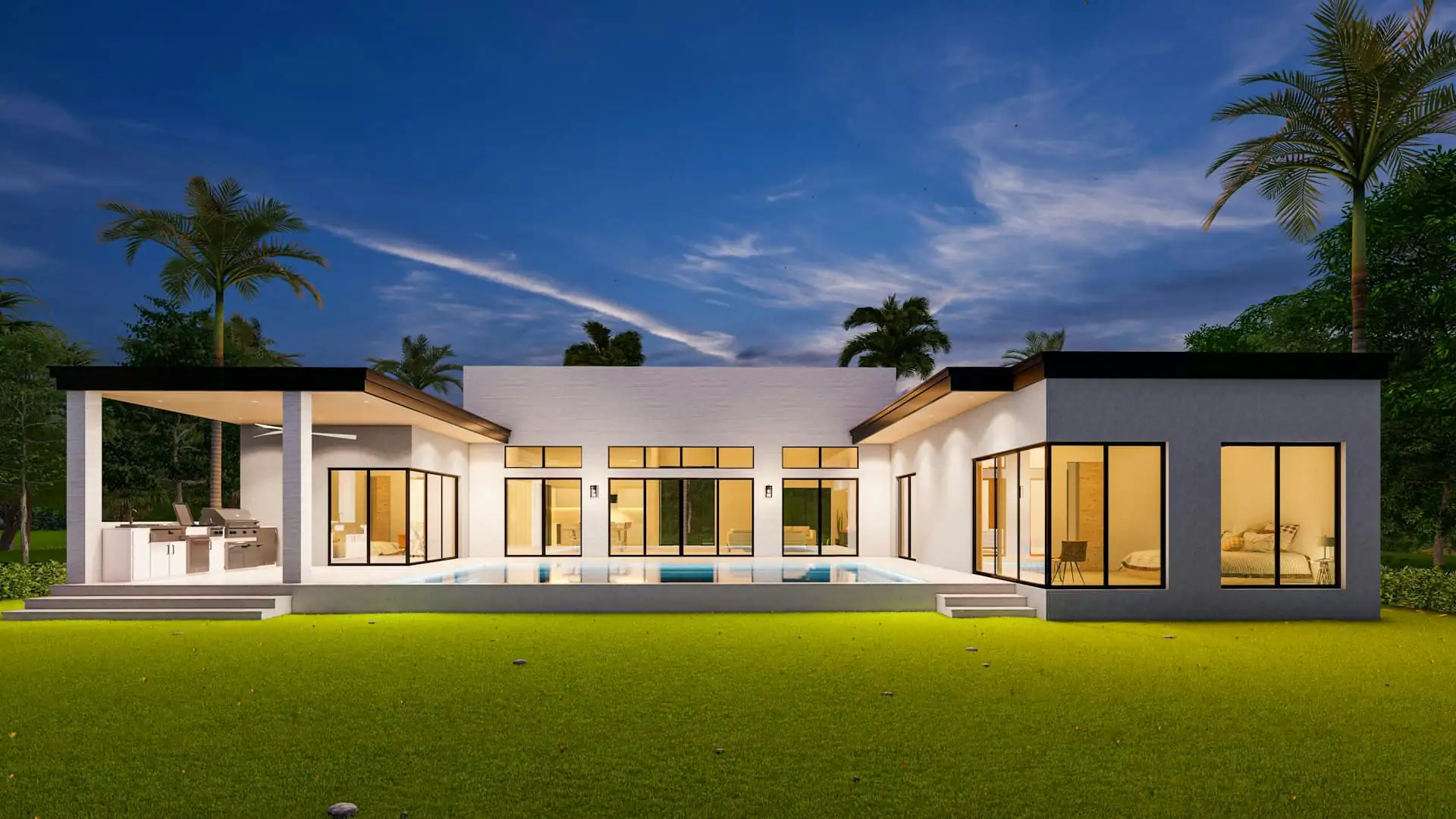 Wide single-storey house with a long roof overhang, timber-look columns and a two-car porch