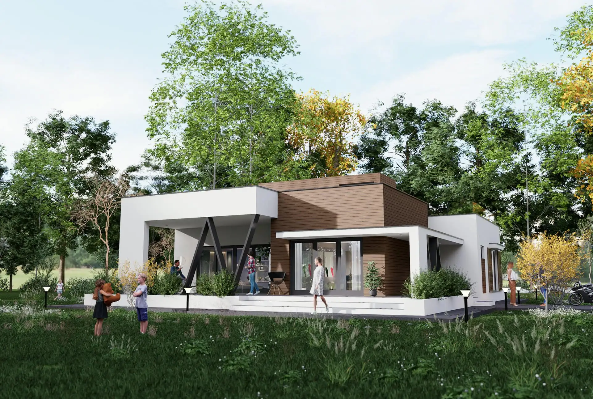 Single-storey tropical house with a deep roof overhang, timber screens and a courtyard garden